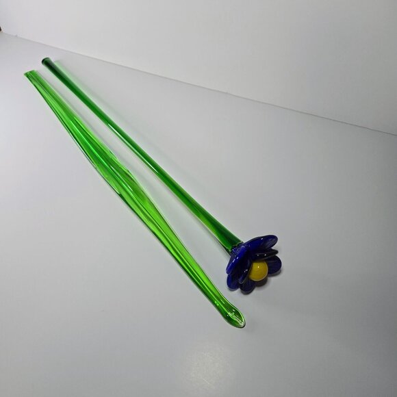 Art Glass Flower Hand Blown Dark Blue Yellow Long Green Stem Flower With Leaf - Picture 4 of 16